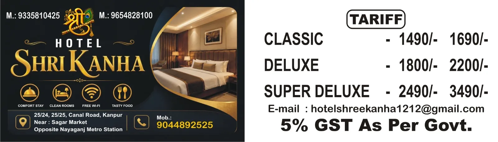Hotel Shri Kanha room tariff card – Classic, Deluxe and Super Deluxe